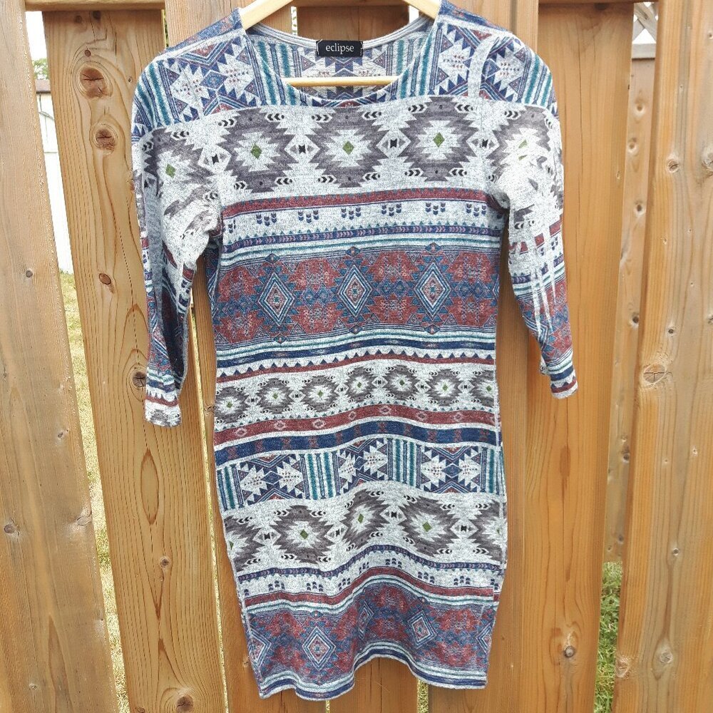 ATTRACTIVE ECLIPSE Sweater Dress Women's Size Small Mini Dress AZTEC Print IKAT